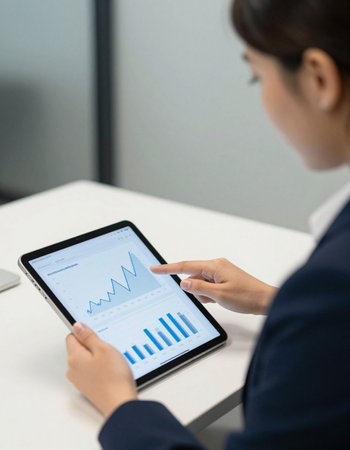 Businesswoman analyzing investment charts on digital tablet. Accounting and finance concept