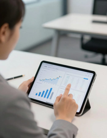 Businesswoman analyzing investment charts on digital tablet in office. Business concept