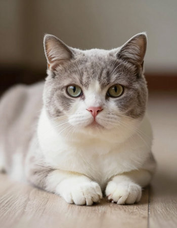 British Shorthair cat lying on the floor looking at the camera