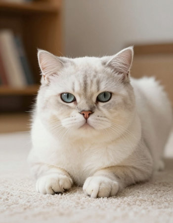 White cat with blue eyes lying on the carpet in the living room