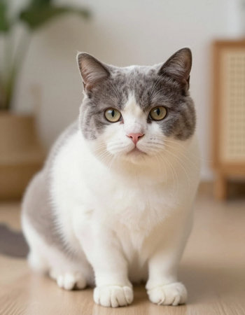 British shorthair cat sitting on the floor and looking at the camera
