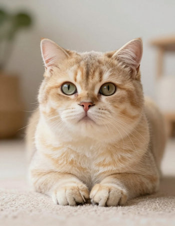 British shorthair cat lying on the carpet and looking at the camera