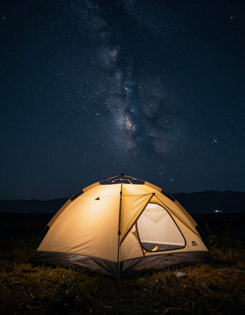 Camping tent under the starry night sky with milky way