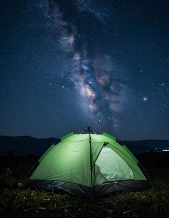 Camping in the mountains under the starry sky and milky way
