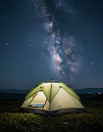 Tourist tent under the starry sky with milky way.