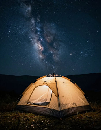 Tourist tent and milky way in the night sky with stars