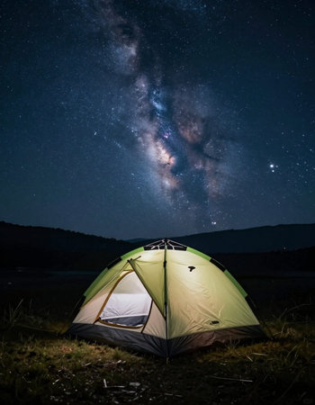 Camping tent under the milky way in the night sky.
