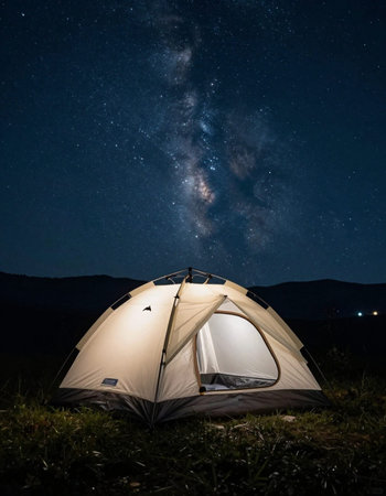 Tourist tent with milky way and stars in the night sky