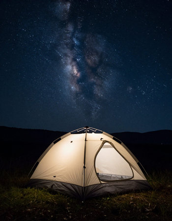 Tourist tent under the starry night sky with milky way