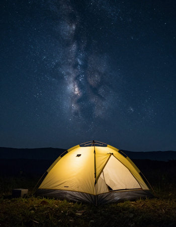 camping in the mountains at night with a beautiful starry sky