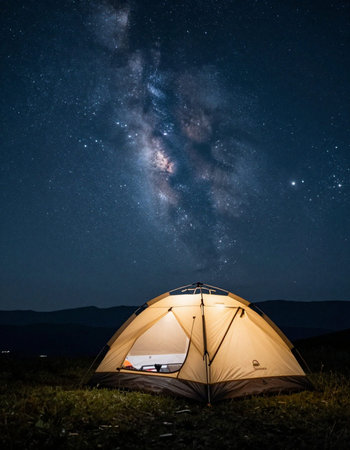 Camping tent under the starry sky with milky way.