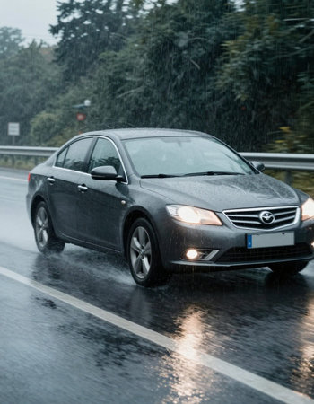 car on the road in the rain with motion blur background and rain dropsの写真素材