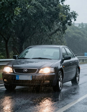 car on the road in heavy rain with motion blur and water drops