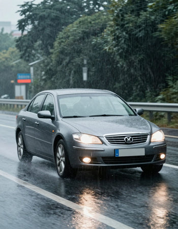 Car in rain on the road.
