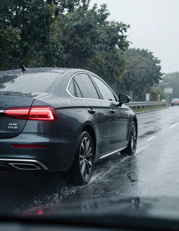 car on the road in heavy rain. Rainy weather concept.