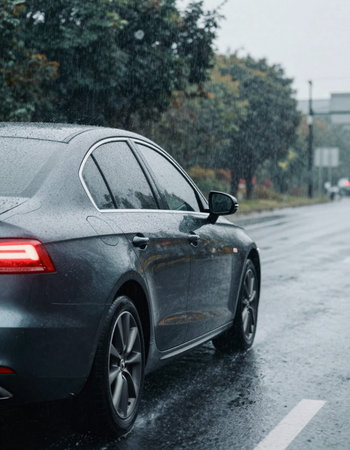 Car under the rain on a rainy day. Rainy weather.