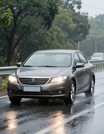 Car on the road in rainy day.