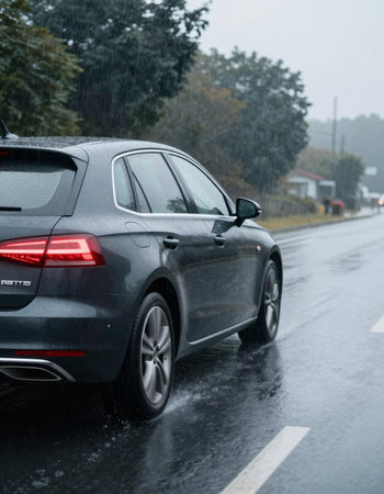 Rear view of black car driving in rain