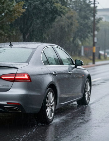 Car on a wet road during a heavy rain. Rainy day.