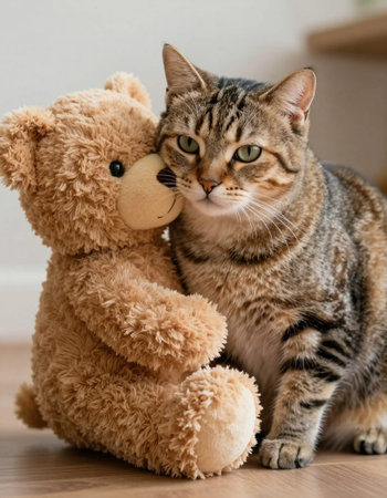 Cute tabby cat with a teddy bear on the floor