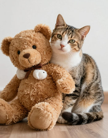 Cute cat and teddy bear sitting on the floor at home
