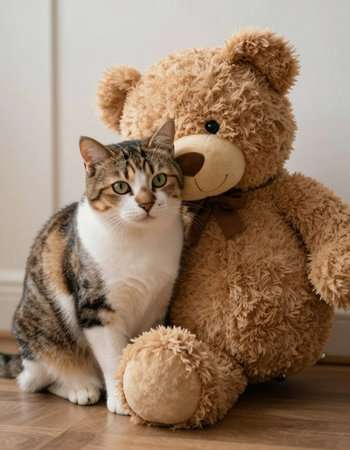 Tabby cat and teddy bear sitting on the floor at home