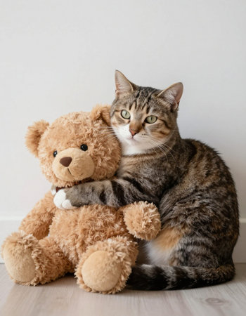 Cute tabby cat with teddy bear on floor at home