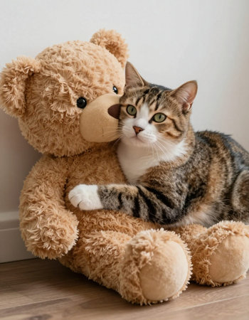 Cute tabby cat and teddy bear sitting on the floor