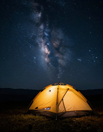 Camping in the mountains under the starry sky and milky way