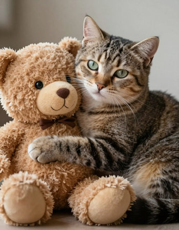 Cute tabby cat and teddy bear sitting on the floor