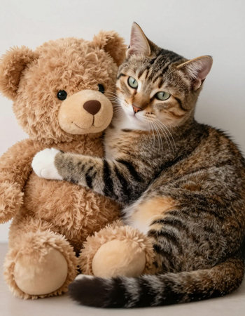 Cute tabby cat and teddy bear on a white background