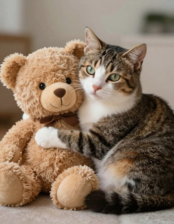 Cute tabby cat and teddy bear sitting on sofa at home