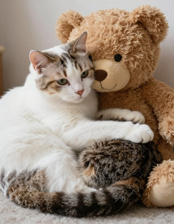 Cute cat and teddy bear sitting on the floor at home