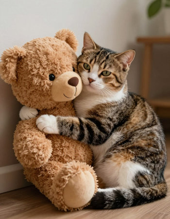 Tabby cat with teddy bear sitting on the floor at home