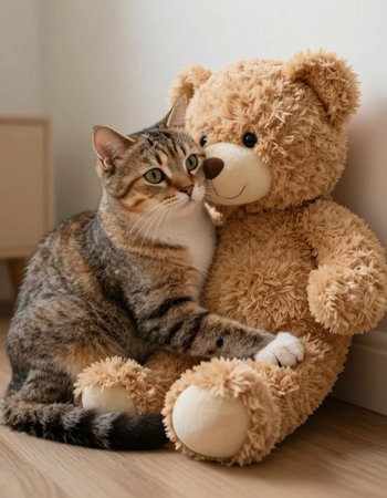 Cute tabby cat playing with a teddy bear at home