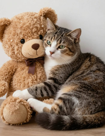 cute tabby cat and teddy bear sitting on the floor