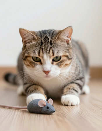 Cute cat with mouse on wooden floor at home. Animal care concept.