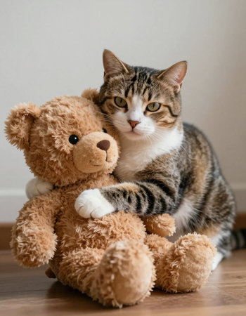 Cute tabby cat and teddy bear sitting on the floor