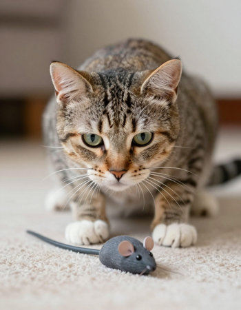 Cute cat with mouse toy on the carpet in the room.