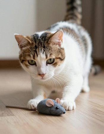Domestic cat and mouse on the floor with a mouse toy.