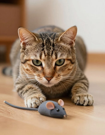 Cat with mouse on the floor. Cat and mouse in the room.