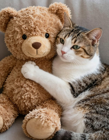 Cute tabby cat and a brown teddy bear on the sofa