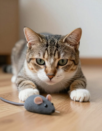 Cat with mouse on the floor in front of the house. Pet care concept