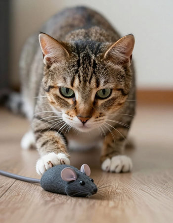 Cat and mouse on the floor at home. Pet care concept.