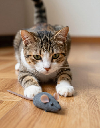 Cute cat playing with mouse toy on the floor at home.