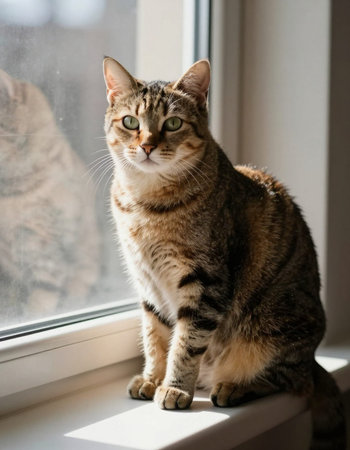 Cute tabby cat sitting on a window sill and looking out the window