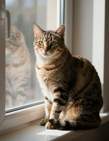 Cute tabby cat sitting on the windowsill and looking out the window