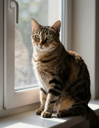 cute tabby cat sitting on the windowsill and looking out the window