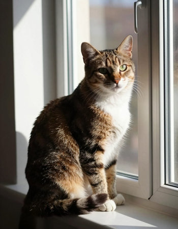 Cute tabby cat sitting on windowsill and looking at camera