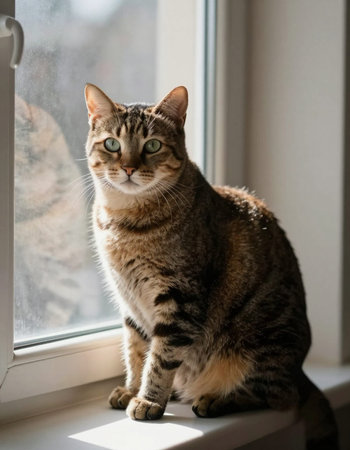 Beautiful tabby cat sitting on the windowsill and looking out the window